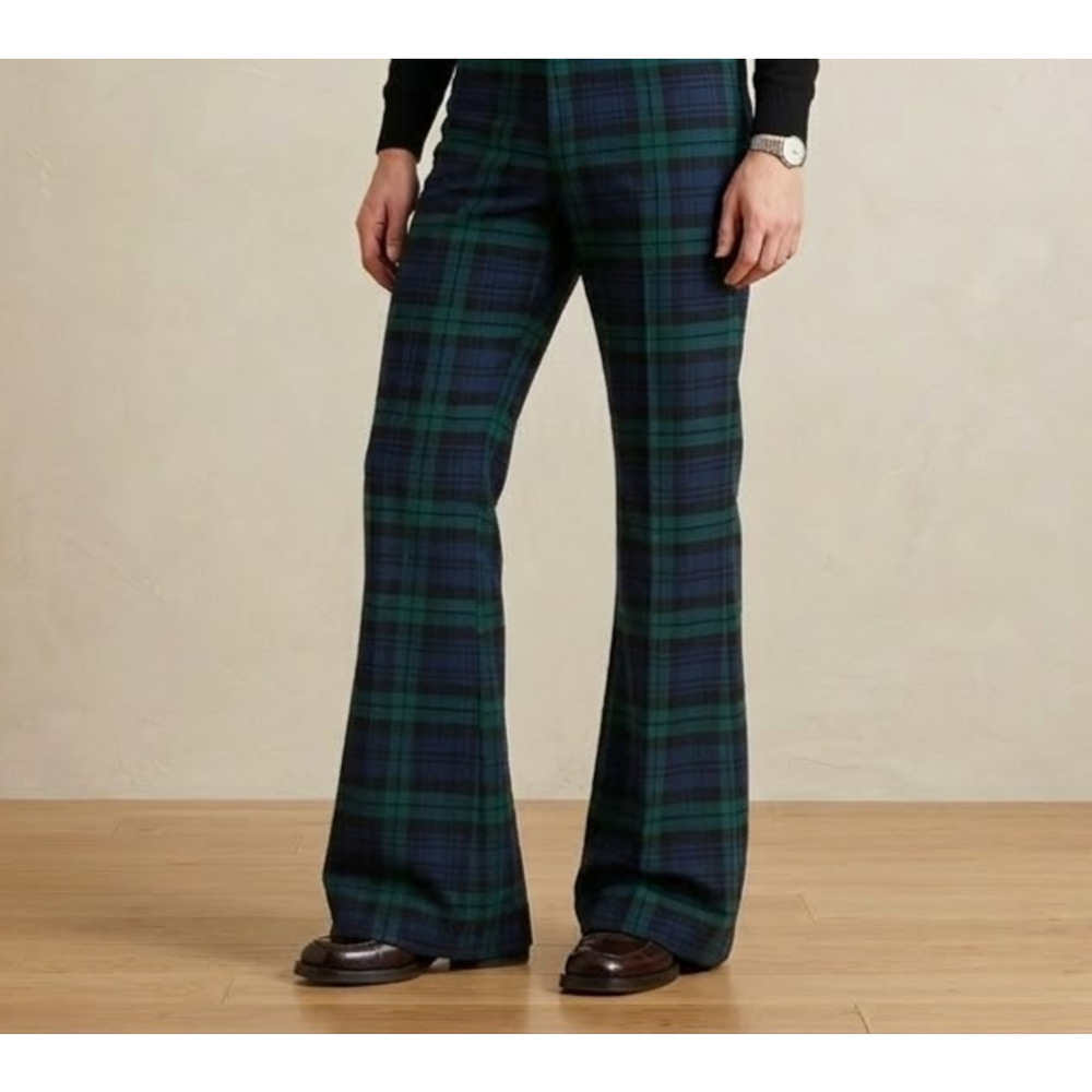 Vtg 70s Wright Plaid Bell Bottom Pants 30x33 Green Blue Flare Unisex Disco Tall